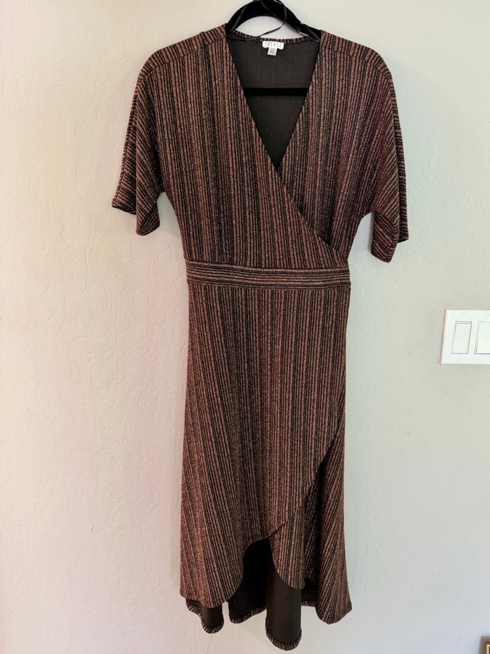 Spense Women's Size M Black Metallic Copper Hi-Low V-Neck Wrap Dress